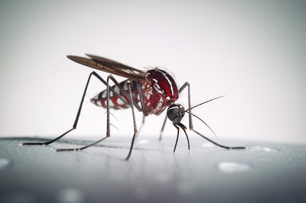 Een mug met rode en zwarte vleugels en rode vlekken.