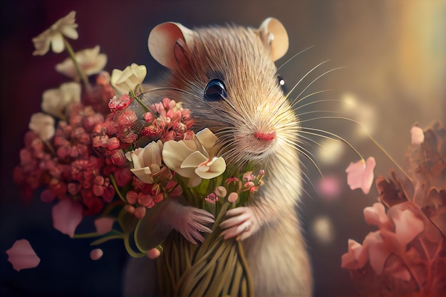 Een muis die een boeket bloemen vasthoudt