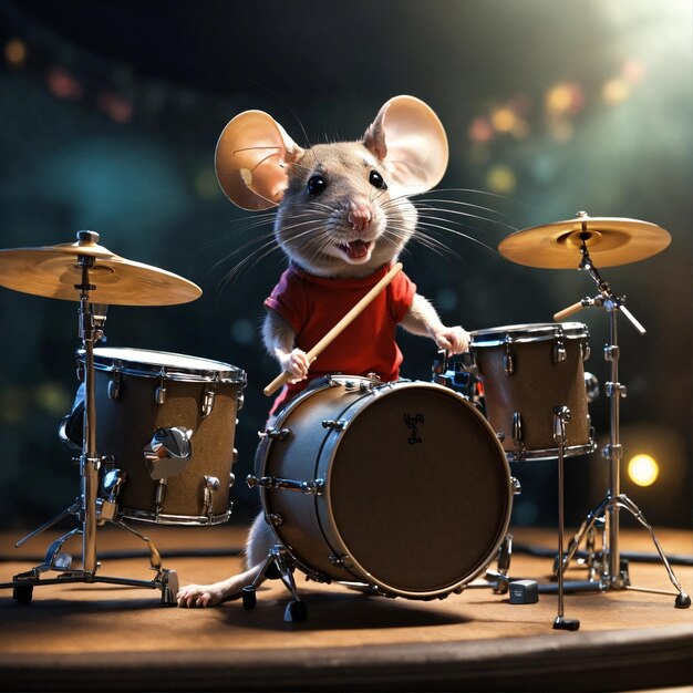 Foto een muis die een drumstel speelt met een muis erop