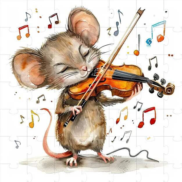 Een muis die een viool speelt met muzieknoten eromheen