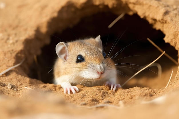 Een muis die uit een gat in een hol gluurt