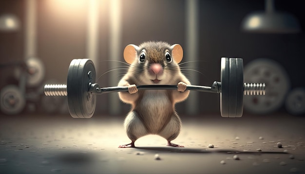 Foto een muis houdt een zwaar gewicht vast voor een donkere achtergrond.