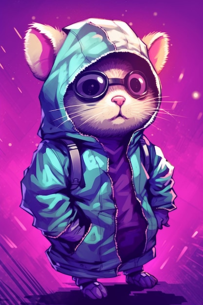Een muis in een hoodie met een hoodie en een bril.