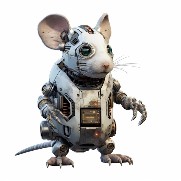 Foto een muis in een robotpak staat voor een witte achtergrond