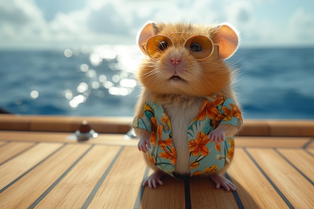 Een muis in zomerkleding drinkt een cocktail op een luxe cruise.