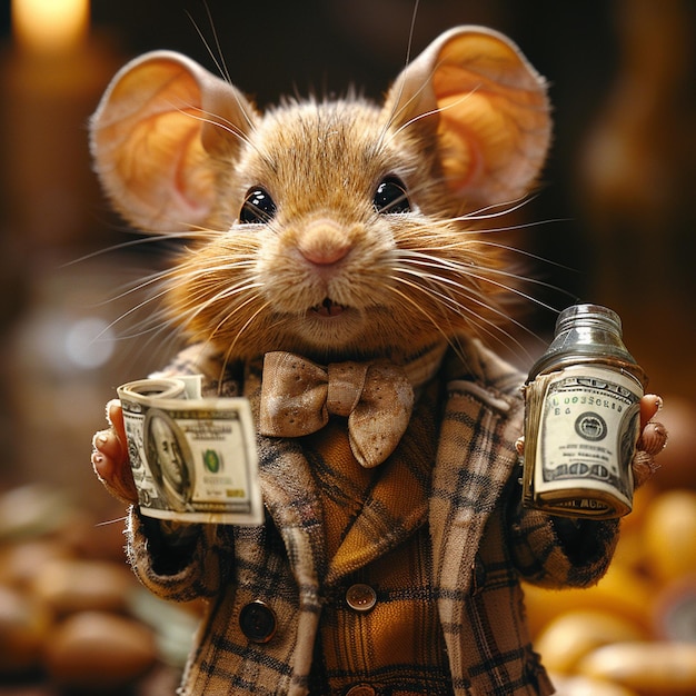 Een muis mascotte verdient dollar biljetten op zijn weg