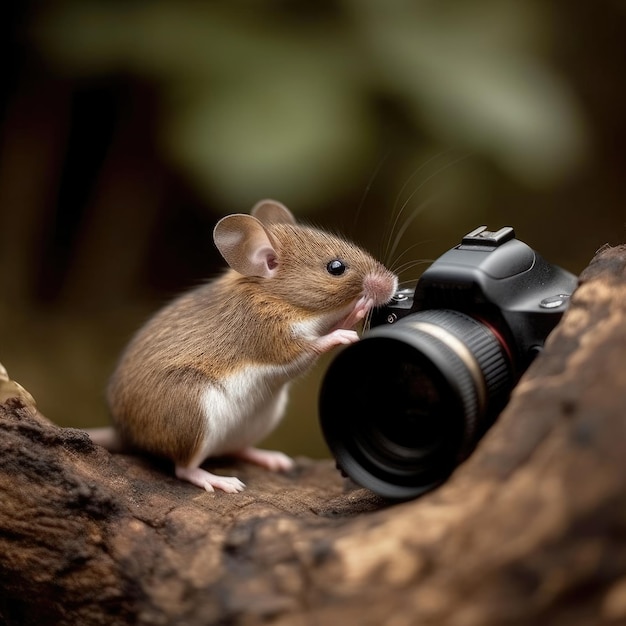Een muis met een camera op een tak