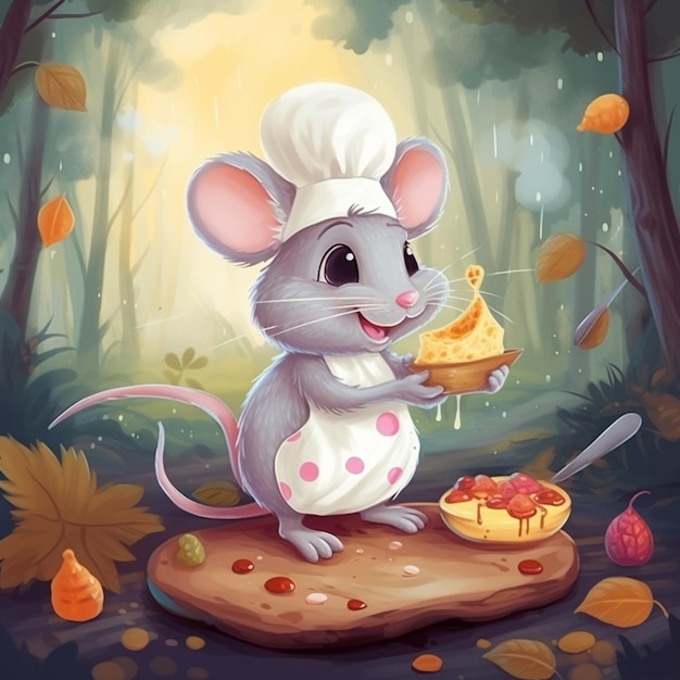 Een muis met een koksmuts houdt een stukje kaas vast.