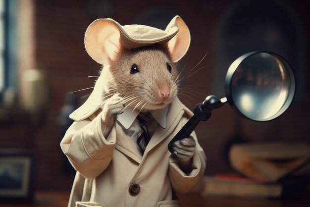 Foto een muis met een vergrootglas gekleed als een detective