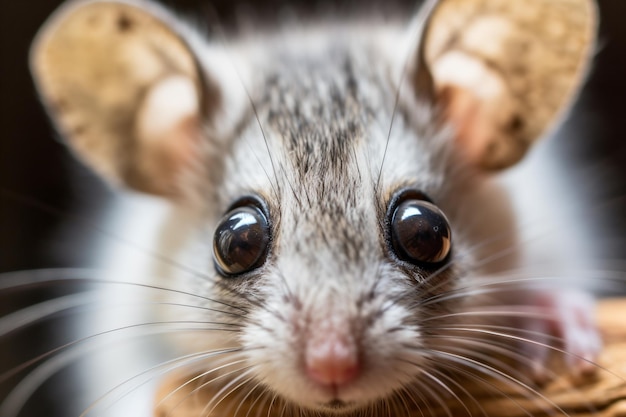 een muis met grote ogen zittend op een stuk hout