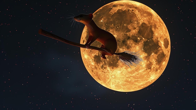Foto een muis vliegt op een bezem voor een volle maan de muis draagt een heksenhoed en heeft een ondeugende uitdrukking op zijn gezicht