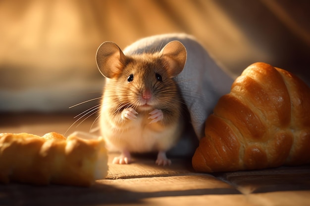 Een muis zit onder een croissant met op de achtergrond een croissant