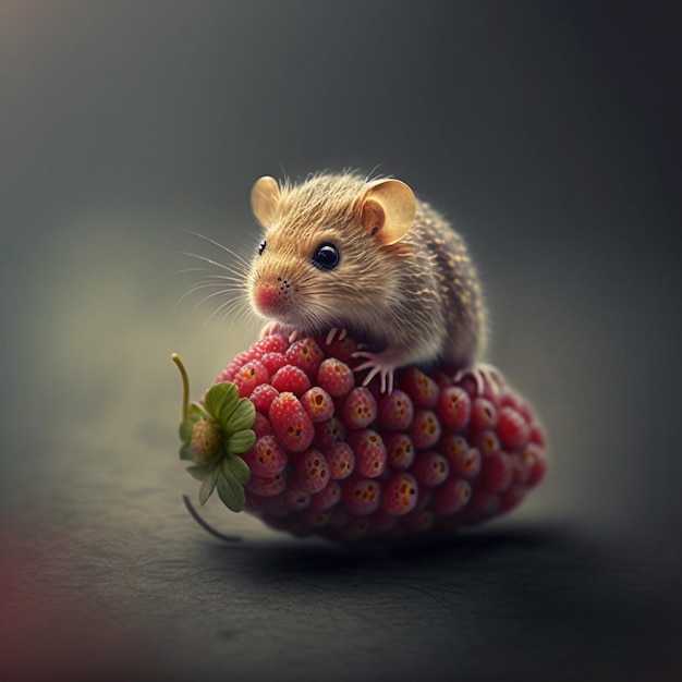 Een muis zit op een framboos met een donkere achtergrond.