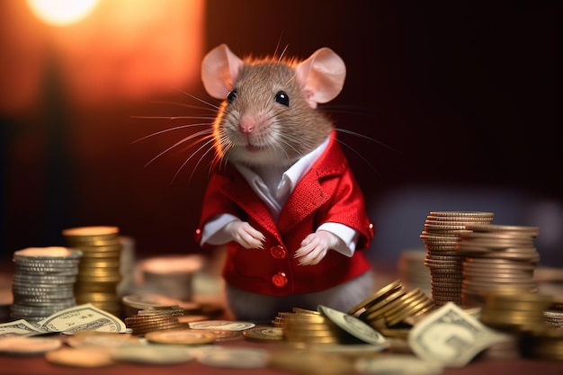 Een muis zit op een stapel geld met stapels gouden munten