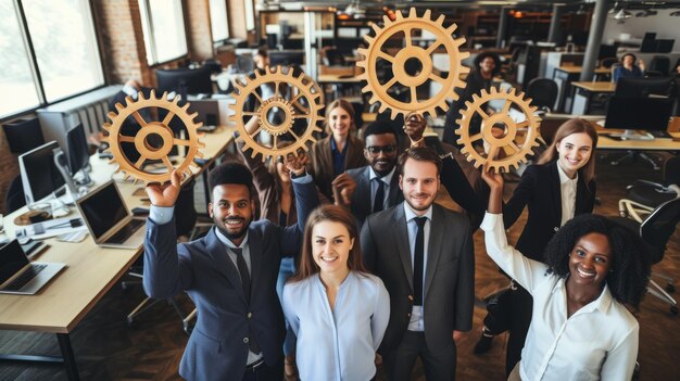 Foto een multi-etnisch zakenteam met houten tandwielen die teamwerk en samenwerking op de werkplek symboliseren