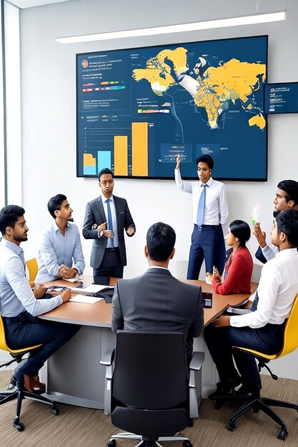 Een multi-etnische groep elegant geklede kantoormedewerkers staat aan een conferentietafel.