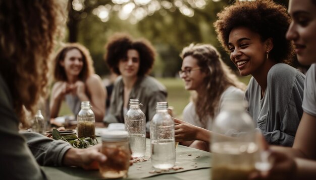 Een multi-etnische groep geniet van een zorgeloze picknick met verfrissende drankjes gegenereerd door AI