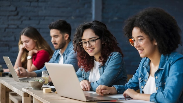 Een multi-etnische groep jongeren die met een laptop studeert