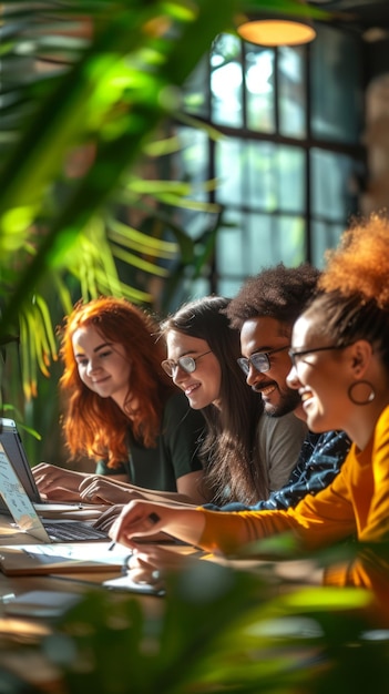 Een multi-etnische groep jongeren die samen aan een project werken