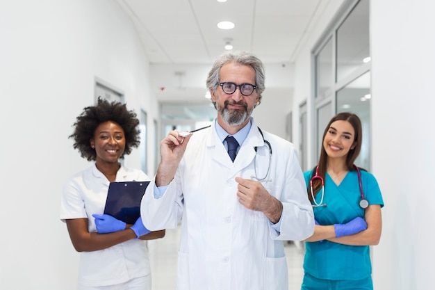 Een multi-etnische groep medisch personeel ze zijn gekleed in medische scrubs en witte lab jassen met stethoscopen om hun nek sommige staan in de achterkant de focus is op een volwassen man in de voorkant