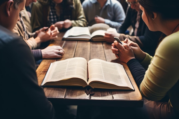 Foto een multi-etnische groep mensen die samen aan een houten tafel bidden