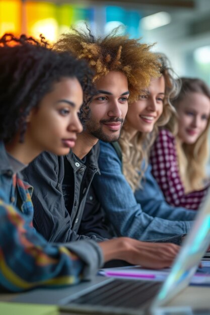 Een multi-etnische groep studenten die samen aan een project werken