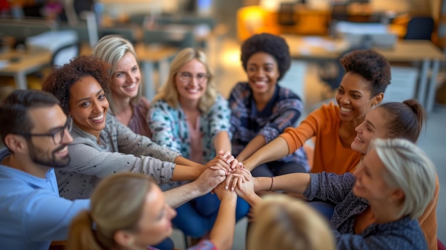 Een multi-etnische groep zakelijke professionals die elkaar de hand geven in solidariteit en eenheid