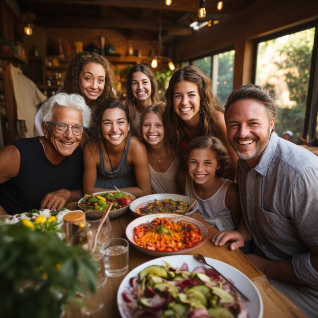 Een multi-generatie gezin geniet van een potluck diner