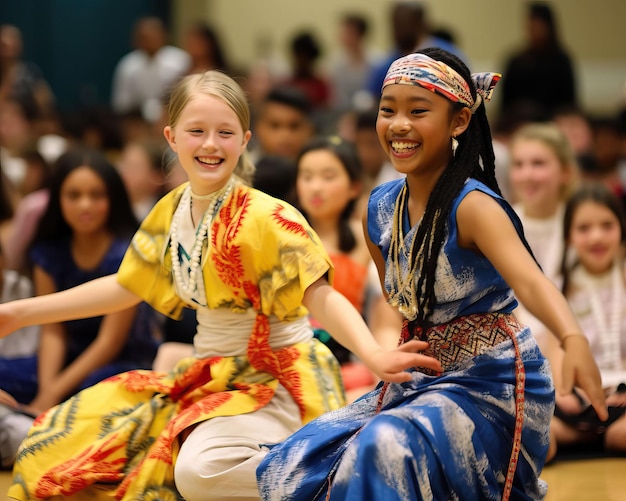Een multicultureel feest in de aula van de school met studenten gekleed in traditionele kleding