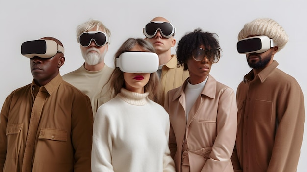 Een multiculturele groep stijlvolle mensen met een virtual reality-bril staat tegen een donkere muur Gemaakt met Generative AI-technologie
