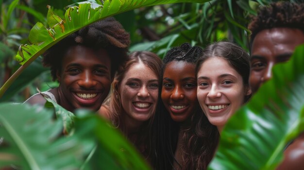 Foto een multiculturele groep vrienden die gelukkig samen zijn in de weelderige groene natuur, diversiteit en inclusie.