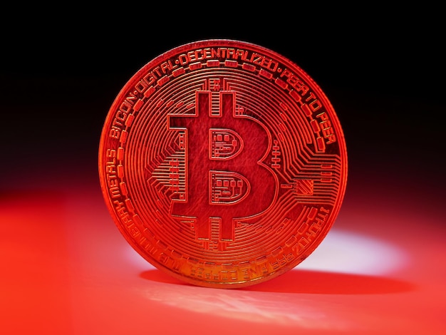Foto een munt met bitcoin-symbool op rood licht. concept van een cryptocurrency-marktcrisis.