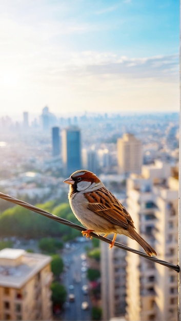 een musvogel die op een dunne elektrische draad staat op een enorme hoogte op een drukke straat en onder een top