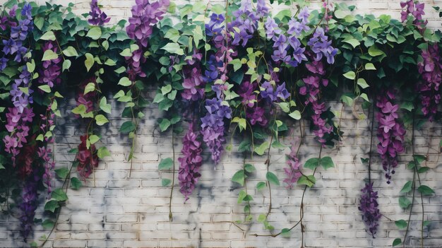 Een muur bedekt met wijnstokken en bloemen naast een muur