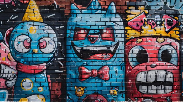 Een muur met graffiti van cartoon personages