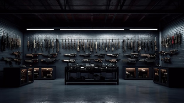 een muur met verschillende gitaren in een donkere kamer met een muur van verschillende afmetingen.