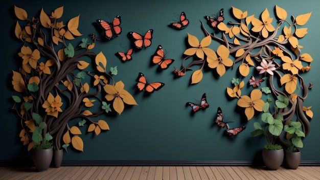 Foto een muur met vlinders en een boom met een vlinder erop