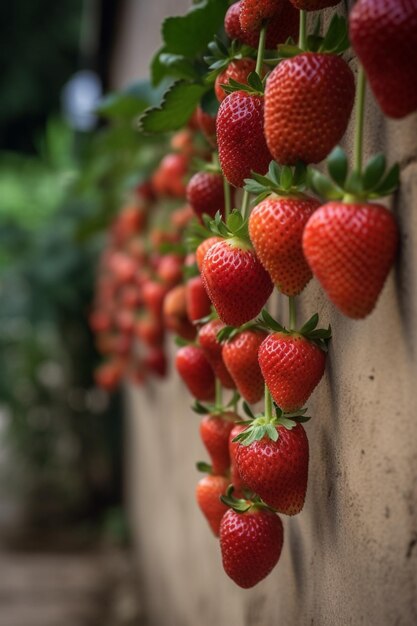 Een muur van aardbeien met het rode fruit erop