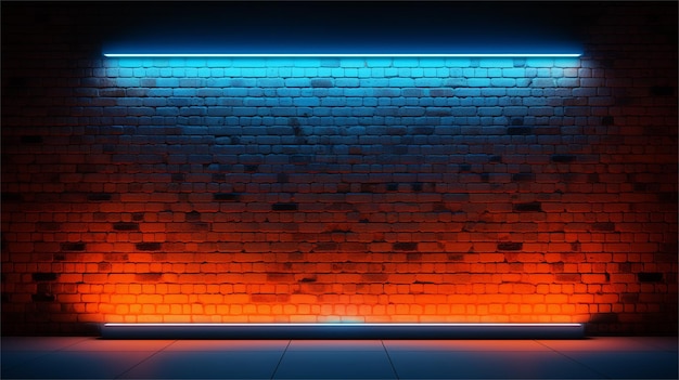 Een muur van bakstenen met een blauw en rood licht dat het woord erop zegt