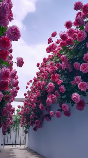 Een muur van bloemen met de lucht op de achtergrond