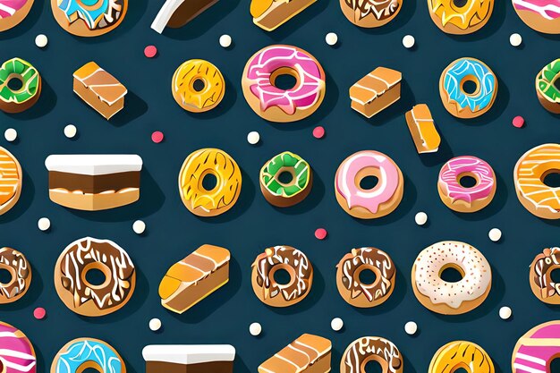 Een muur van donuts met verschillende smaken en het woord donuts erop.