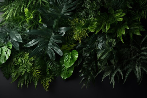 Een muur van groene planten met een zwarte achtergrond