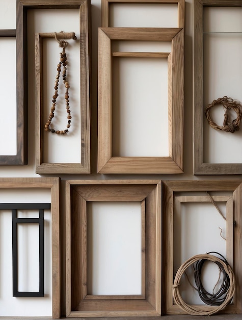 Een muur van houten frames met een touw en een kralen ketting