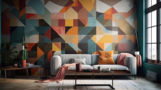 Een muur van kleurrijke geometrische vormen met een bank en een koffietafel.