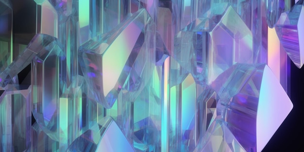 Een muur van kristallen met een blauwe en paarse achtergrond.