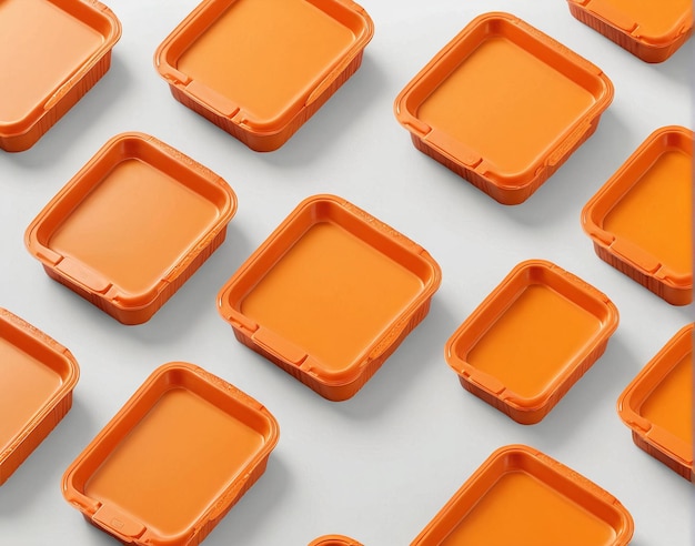 een muur van oranje plastic trays