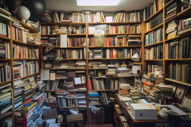 Een muur van planken gevuld met boeken en andere items gemaakt met generatieve AI