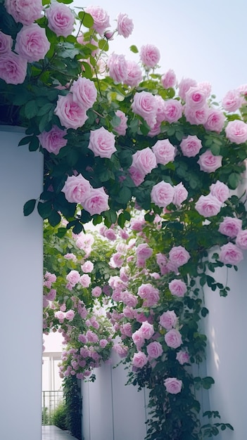 Een muur van roze rozen met groene bladeren en de woorden " tuin " op de top.