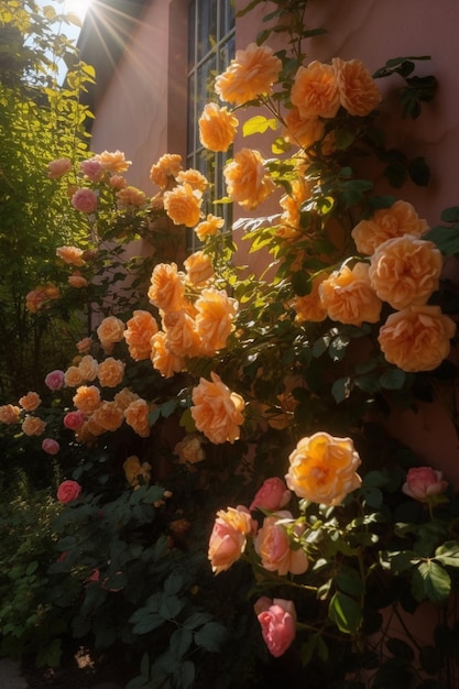 Een muur van rozen waar de zon op schijnt