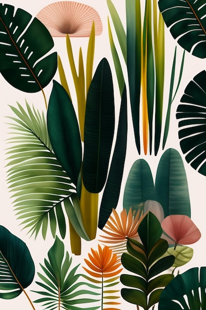 Een muur van tropische planten met een groen bladpatroon.